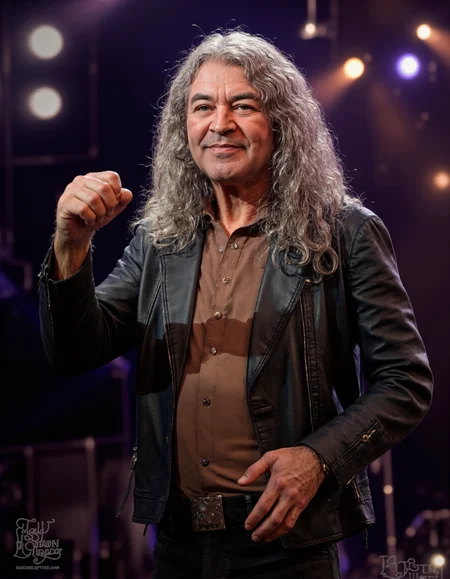Create a highly detailed, photorealistic yet artistic portrait of Ian Gillan, the legendary vocalist of Deep Purple, depicted in his later years. The portrait should capture his mature features: a weathered yet expressive face with deep-set eyes that radiate wisdom, experience, and the soulful intensity of a lifelong performer. Include his signature long, flowing hair (now silver or gray), which retains its rockstar flair, and his characteristic facial features, such as prominent cheekbones and a warm, slightly rugged smile. His expression should convey both resilience and kindness, reflecting his enduring passion for music and connection with fans., 
Dress him in attire that reflects his classic rock style, such as a sleek leather jacket, a casual shirt (perhaps unbuttoned), and dark jeans, symbolizing his timeless appeal as a rock icon. Pose him in a relaxed yet commanding manner, perhaps holding a microphone or standing confidently with one hand raised, evoking his dynamic stage presence and powerful vocal delivery., 
The mood of the artwork should be reflective yet energetic, evoking the spirit of a man who has lived a life of music, adventure, and introspection. Use soft, diffused lighting to highlight his features, with subtle shadows emphasizing the texture of his skin and hair. Incorporate symbolic elements in the background or composition, such as faint silhouettes of concert stages, swirling spotlights, or lyrics from iconic songs like Smoke on the Water or Child in Time, to allude to his legendary career. A faint haze or glowing aura could evoke the raw energy of live performances and the enduring legacy of his voice., 
Style: A blend of hyperrealism and impressionistic touches, inspired by the works of artists who capture the essence of musicians in their later years. Use a rich color palette dominated by warm, earthy tones (browns, grays, and golds) contrasted with vibrant accents (deep purples, electric blues) to create a sense of balance between maturity and vibrancy. Ensure the composition feels harmonious and immersive, inviting viewers to feel the depth of Ian Gillanâs journey as a rock legend and storyteller, <lora:IAN_GILLAN:1>