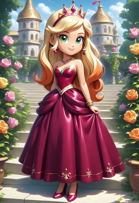 score_9, score_8_up, score_7_up, score_6_up, source_cartoon, rating_safe, My Little Pony Equestria Girls, very young little human girl Applejack wearing a fit green|brown|darkpurple|wine|red gradients colors short princess dress, elegant detailed princess shoes, solo, 1girl, little princess girl, gradient golden blond hair with crown hairband, smile, childhood, looking at viewer, glow detailed eyes, garden of canterlot, tul, chiffon, laces, semi realistic cartoon, unreal engine 5,  full body close-up, absurdres, digital art, soft light, perfect hands, perfect, hands, perfection, soft orange skin, green eyes, apples accesories and shoes, jewelery, tres chic,<lora:age_slider_v4:-4>,