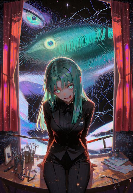 safe_pos, 1girl, sonozaki shion, solo, sitting on wooden table BREAK green eyes, green hair, glowing eyes, long hair, half updo, butler outfit, wooden table,  sitting on table, head tilt, (looking at viewer:1.0), blood on face, blood splatter, red curtains, closed curtains, fancy room, indoors, excessive blood, crazy eyes, arms behind back, surreal wide smile, window with night view, dim background, backlighting, indirect lighting, red tint, spectral rays,Cinematic Lighting, shadows, close-up, illuminating face, tools on table, scissor, pliers,crowbar, white table cloth, velvet theme, vibrant colors, textured surfaces, depth of field, black windows, night outside, pitch black night, darkness, dark, at table, horror theme, night, black sky, horror, glitch,abstract,mhh,

(sexy),  dynamic light, beautiful light,

raytracing, ambient occlusion, detailed background,

masterpiece, best quality, amazing quality, very aesthetic, absurdres, newest, huge filesize, (by dino_(dinoartforame):0.4), (ask_(askzy):0.6), (by sakuraba yuuki:0.3), (ilya kuvshinov:0.2), (incase:0.65), 