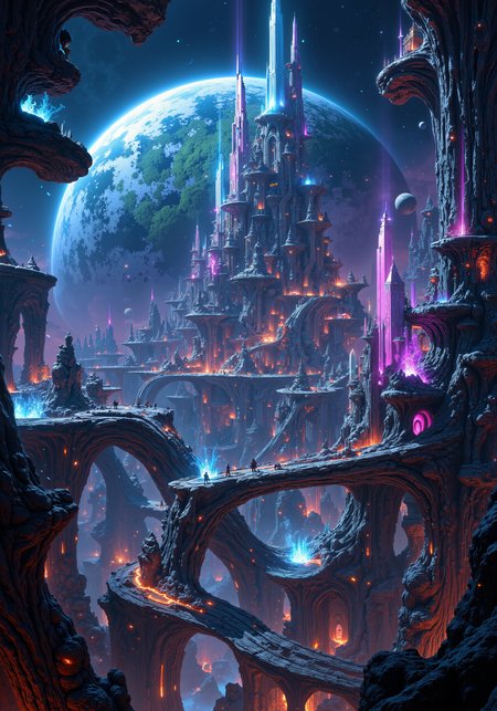 Hyperdimensional lattice-city suspended within an iridescent gas giant's upper atmosphere. Translucent crystalline spires interconnected by pulsating energy bridges. Gravity-defying platforms host alien bazaars teeming with bioluminescent lifeforms. Swirling auroras illuminate floating gardens of metallic flora. Quantum teleportation hubs nestled in fractal architecture. Atmospheric processors integrated into spiraling towers. Shapeshifting living metal adapts to inhabitants' needs. Plasma shields deflect cosmic radiation. Holographic interfaces flicker amidst ethereal mists. Antigravity transport pods weave through non-Euclidean passages. Multispectral lighting casts prismatic shadows. Intricate details, 8K resolution, hyper-realistic textures. <lora:Hand v2:0.9> <lora:Anime v1.3:0.4> <lora:FluxFantasyDetailerV2:0.5> <lora:flux_dev:1>