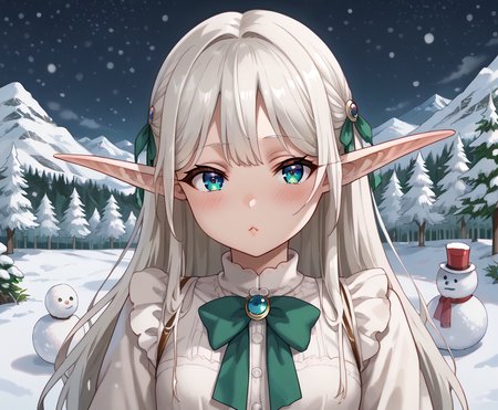score_9, score_8_up, score_7_up, score_6_up, score_5_up, score_4_up, source_anime, anime screencap, masterpiece, insanely detailed, detailed background, zPDXL3, usagi_nagomu_style, 1girl, solo, long hair, looking at viewer, blush, pointy ears, elf, face focus,night,mountains,winter,snowing,snowman,forest