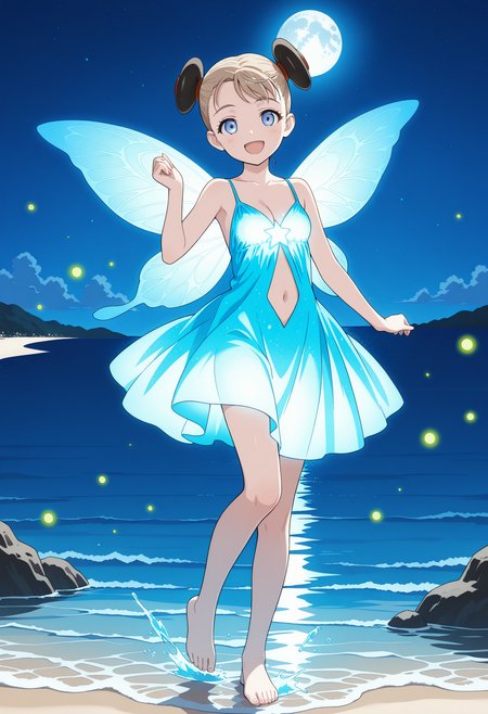 <lora:AlvisEHamiltonIL:1>, alviseh, solo, 
fireflies, on water, barefoot, standing, smile, open mouth,
blue dress,solo, glowing dress, neon blue glowing, navel, cleavage, dynamic, vivid, looking at viewer, cute pose, night sky, moon, stars, splash, beach, ocean, provoactive, glowing wings, fairy wings, dancing,
masterpiece,best quality,amazing quality,