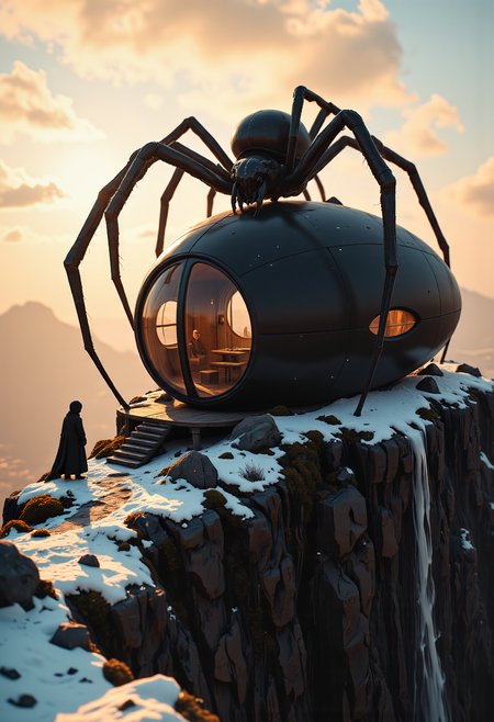 A dark egg-shaped structure perched precariously on the edge of a massive cliff overlooking a huge void on a very snowy winter afternoon, covering everything around it. The golden hour bathes the scene in warm, radiant light, casting long, dramatic shadows over the rugged terrain. Large oval windows framed by sculpted organic lines reveal the soft amber glow of the interior, harmonizing with the golden tones of the sky. The structure's matte, deep black exterior contrasts vividly with the surrounding jagged rock formations and the rugged texture of the cliff. From a low perspective, a narrow path winds along the edge of the cliff and leads to the structure's entrance, the edges of which are illuminated by golden sunlight. Sparse vegetation and moss cling to the crevices of the rock surface, defying the windswept environment. The biomorphic design of the structure evokes a futuristic yet natural aesthetic, blending perfectly with the spectacular surroundings. The muted color palette of blacks and grays is enriched by the warm tones of golden hour, while soft, diffuse lighting highlights the soft, fluid forms of the structure. The atmosphere is tranquil, otherworldly and inspiring, evoking a sense of solitude and reverence in this unique retreat on the precipice of the world.

Towering above the structure, a supernatural, gargantuan spider with grotesquely elongated legs looms menacingly, its body hunched over the curved form of the building as though it has claimed the structure as its prey. Its spindly legs stretch impossibly far, digging into the cliffside, while thin, glistening strands of webbing shimmer faintly in the warm light, clinging to the structure and nearby rocks. The spider’s glowing, otherworldly eyes pierce through the tranquil golden hour, adding a sinister, predatory presence to the scene.
