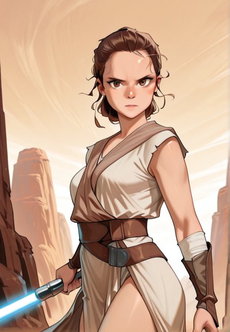 masterpiece, best quality, amazing quality, very aesthetic, absurdres,  newest, detailed background, cowboy shot,  outdoors, dynamic angle, 
reysw, lightsaber, 1girl, energy sword, solo, brown hair, weapon, sword, robes, brown eyes, holding, looking at viewer,
 <lora:Rey_-_Star_Wars_Illustrious:1>