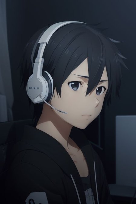 high resolution, solo, best quality, 1Boy, Kazuto Kirigaya, portraits, Black Hair, Black Eyes, gamer, bedroom, night, pc, sit, headset, portrait, OverallDetail