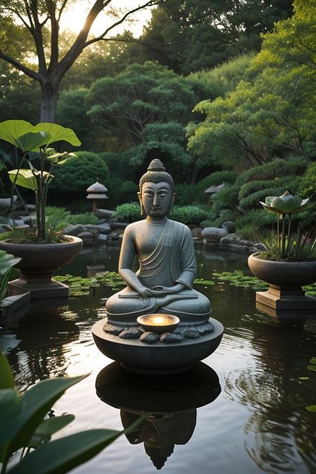 In a tranquil Zen garden illuminated by the first light of dawn, a living, breathing person, evoking the essence of Buddha, sits in deep meditation on a lotus in the midst of a serene pond. The morning sun casts a gentle glow, creating a soft halo around this individual. Surrounding them are bowls filled with water, each cradling floating petals, amplifying the atmosphere of peace