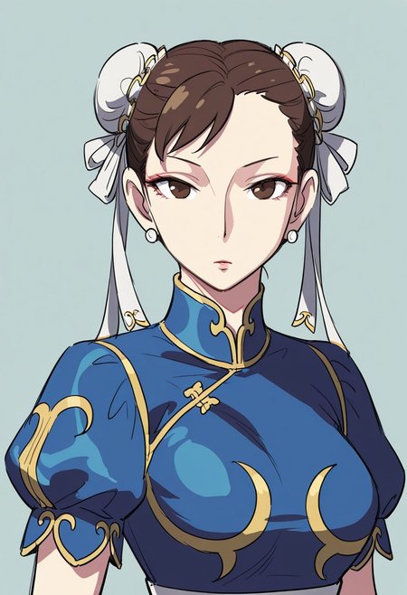 {{masterpiece,best quality,amazing quality,absurdres}}, {{flat shading, cel shading}}
BREAK
1girl, solo, upper body, simple background, portrait, looking at viewer, chun li, blue dress, short sleeves, poofy sleeves, brown hair, white hair buns