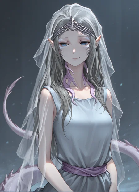 masterpiece, best quality,1girl,upper body, yorshka, solo, long hair, blue eyes, dress, pointy ears,standing,  smile, veil,tail, <lora:Yorshka:1>