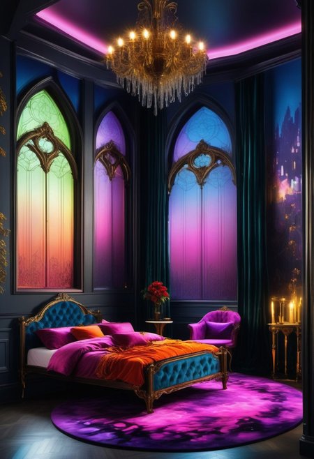 Light mood masterpiece photography, realistic, realistic photograph, inside bedroom, gaudy, Lisa Frank inspired, Lisa Frank colors, fancy headboard, neon orange wooden bedframe, maximalism, green and blue and pink, purple, in bedroom, soft rug, neon rug, bedroom like bedroom from Howl's Moving Castle, vanity, beanbags, framed pictures of castles on wall, stained glass windows, chandelier, crystal chandelier, bunk bed, castle bunk bed, castle bunk bed with stairs going up to top bunk