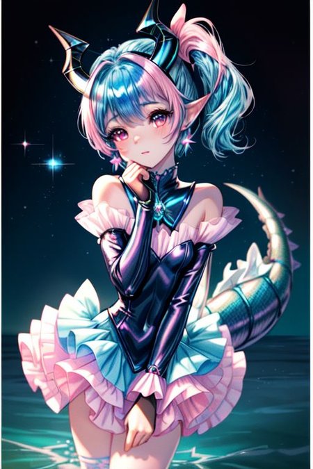 professional image of a cute young woman, (frilly elegant glossy dark holographic dress, crescent brooch, crescent earrings, crescent accessories:1.2),
(blue water dragon horns, blue water dragon tail:1.3), (short hair, side ponytail, hair above cheeks, light blue hair with light pink hairtips, gradient hair, multicolored hair:1.4), red eyes, (small breasts, cute face, innocent, shy, pointy ears:1.1), (sparkles, sparkling clothes, sparkles near eyes:1.3),
(intricate aquatic background, underwater, sparkling water, ocean floor, corral reef, bubbles:1.2), 
(ultra wide angle shot, cinematic style, absurdres, incredibly absurdres, huge filesize, extremely detailed, High quality texture, physically-based rendering, Ray tracing, octane render, sharp focus, (8k), (4k), (Masterpiece), (Best Quality), extremely detailed, intricate, hyper detailed, illustration, soft lighting, high resolution, sharp detail,)