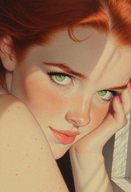 ArsMJStyle, Colored pencil hyperdetailed realism,novuschroma13 style pastels
8k, RAW, photograph, cute girl, green eyes, pink lips, blushing cheeks, fair skin, red hair, upper body focus, nude, medium breasts, pink nipples, erect nipples, realistic skin detail, freckles, sultry smirk, red nails, hand on own cheek, viewed from an angle, (chiaroscuro:0.80),shadow and sunlight from a window,