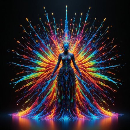 a full body fire entity with multicolored flames, professional photography of an fantastical warrior princess entirely made of cyberflies with whimsical elements, swirling magic, eerie fairytale landscape, elaborate fantasy style art, very colorful, intricate details, ultra sharp, exquisite detail, flawless composition, vivid colors, masterpiece, exciting background, TAS, TASvisuals, Psychedelic , Rave, Elaborate , Blacklight , Vibrant , cyberflies, black light paint, blp, Colorful Chaos Cracks and Drops, mad-glowtiedye, made out of,colorful,liquid,Murano Art Glass