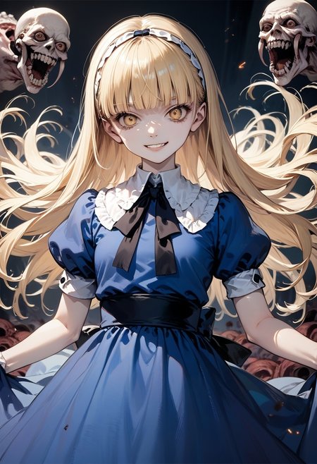 score_9, score_8_up, score_7_up, source_anime, best quality, masterpiece, 
human, female, solo, 
<lora:zs_AliceXL:1> alicesmt, dress, long hair, blonde hair, hairband, blunt bangs, puffy sleeves, blue dress, yellow eyes,
<lora:lora_YamiStyle_xl_v1_pony:0.4>mouth closed, evil grin, evil, creepy, horror,