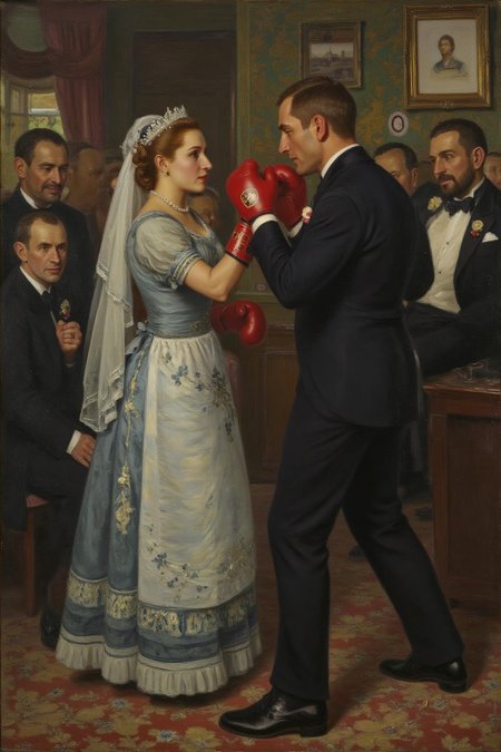 hansandersenbrendekilde1 painting.
A man and a woman, wearing red gloves, boxing at a wedding <lora:hansandersenbrendekilde1_cap_d8a4e11:1.0><lora:855164576654748477:0>