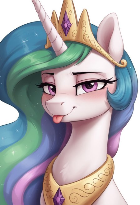 score_9, score_8_up, score_7_up, score_6_up, score_5_up, score_4_up, pony, g4, solo, princess celestia, tongue :p, white background, detailed fur, blushing, cute, glare, high res, lidded eyes, detailed face, detailed face