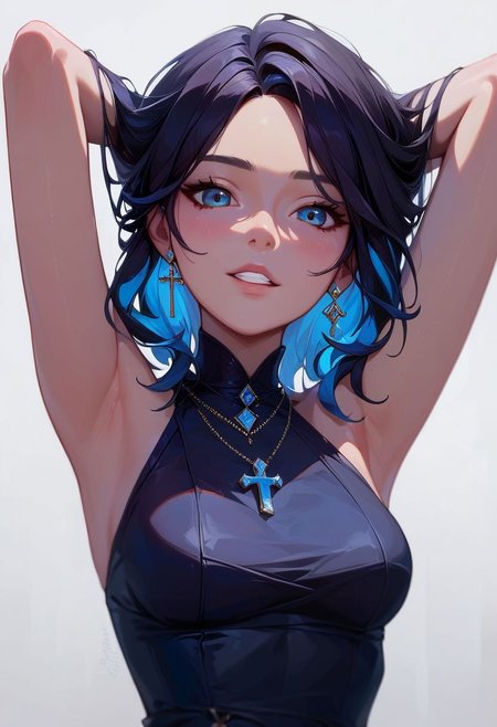 score_9,score_8_up,score_8,Expressiveh,absurdres,masterpeice,+ +, 1girl, arms behind head, arms up, bangs, breasts, cross, cross necklace, jewelry, blue diamond, medium breasts, looking at viewer, medium hair, multicolored hair, black hair, blue hair tips,  necklace, parted bangs, solo, teeth, black thight dress, upper body, white background
