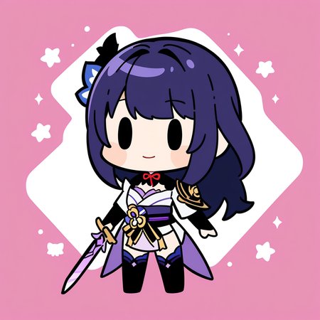 (bkub_\(style\):0.8), 1girl, raiden shougun, genshin impact, solo, holding sword, cleavage, |_|, light smile, safe, newest, masterpiece, very aesthetic