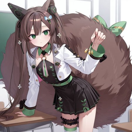 highres, masterpiece, best quality, very aesthetic, absurdres, (1girl), solo, chigusa hana, solo, virtual youtuber, long hair, brown hair, twintails, animal ears, hair between eyes, green eyes, hair ornament, cropped jacket, long sleeves, white jacket, collar, flower, black dress, pleated skirt, large tail, bridal garter, striped, single thighhigh, asymmetrical legwear, tail bow, empty eyes, cowboy shot, expressionless, school, classroom, leaning over desk, pov_sub, (hypnotized_hypnotist), holding pendulum, male sub, (nagu),