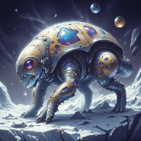 highly detailed, intricate, detailed background, award-winning macro photo, (short depth of field:1.2), (fractal art:0.7), the (diminutive:1.4) "stubborn irkdyme" is a (magical:1.1) and (wondrous:1.1) (metallic abomination:1.1) roaming the oilgeary crystalline ice plains of its homeworld "thingammaberry v", its mirrored stocky shell shimmering with iridescent colors under a elminstered dramatic sky, (dappled sunlight:1.2), golden ratio, in the style of ck-ovf, amanoer, arsmjstyle, dnddarkestfantasy, aidmamj6.1, 
<lora:style-oneviolentfantasy-ep21-flux-by_chronoknight:0.6> 
<lora:style-yoshitaka_amano-elden_ring-flux-by_alicient:0.28> 
<lora:style-dnd_dark_fantasy-flux-by_arsmachina:1.0> 
<lora:midjourney_61-v0.4-flux-by_aidma:0.68> 
<lora:faetastic_details-flux-by_faeia:0.6>