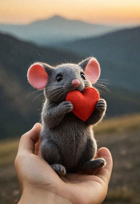 a small, simple, cuddly felt mouse holding a felt heart in its tiny hands, gazing directly into the camera with a joyful smile. The scene is so sweet that it melts even the toughest hearts. Describe the loving atmosphere created by the combination of felt, smiles, and hearts diring a beautiful sunrise