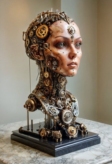 clockwork wind up head, made from gears and pistons and pullies and spring, wind up clockwork key on the side, on a marble desk in a museum, in a display stand, female upper half body, Dramatic lighting. 
cinematic masterpiece, 
OverallDetail, Steampunk,steampunk, gears,