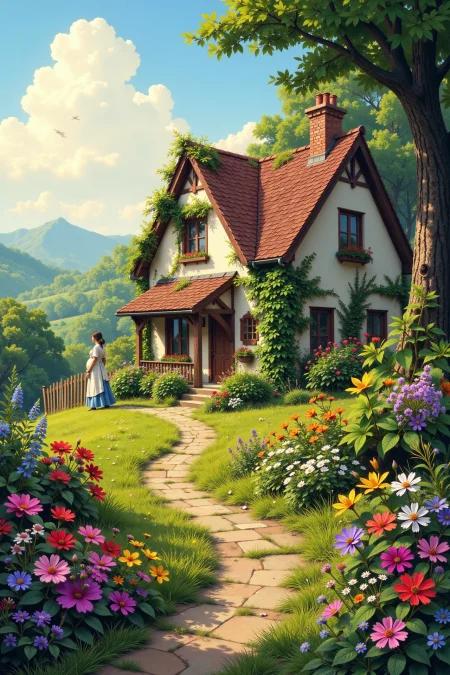cottage beautiful  landscape, morning, woman, very intricate, very detailed, sharp, bright, colorful, <lora:Hand v2:0.5> <lora:Anti-Blur:1><lora:Insane Detail Slider:0.25>  <lora:flux.1_lora_flyway_Epic-detail_v2:0.3> <lora:fluxenhancer:0.25> <lora:ROWER:0.8>  <lora:Anime art - Variant 2:0.6>
