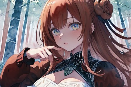 (masterpiece:1.4), 4K8K, (anime style, watercolor painting), (high shutterspeed:1.1), (sharp edges), 
flower rose, 1 woman prey with hands togather, neeling, leaning foward, 
wearing Celtic style dress, (Detailed face, Detailed eyes), 
(chestnut-colour:1.4), in the forest at night,