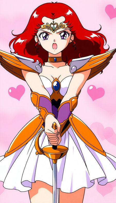 general,highres, ultra-detailed,very aesthetic,best quality ,best hands,  BREAK <lora:Scarlett_ohara_IS:1> Scarlett_ohara, 1girl,solo, red hair, long hair, purple eyes, breasts, 1990s (style), anime coloring, 
weapon, sword, solo, armor, short hair, jewelry, open mouth, choker, tiara, earrings, rapier, holding, blue eyes, shoulder armor, parody, holding weapon, heart, looking at viewer, circlet
day, say,