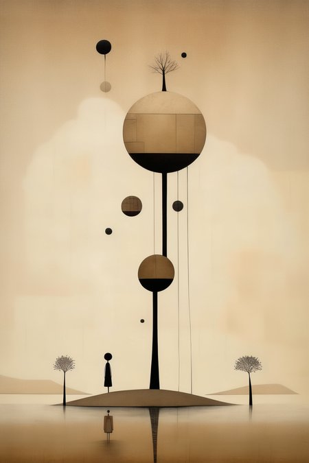 <lora:Gabriel Pacheco Style:1>Gabriel Pacheco Style - lone tree on the lake art bbc2, in the style of gabriel pacheco, post-minimalist structures, hiroshi nagai, minimalist sets, gediminas pranckevicius, light brown and black, nature-inspired installations