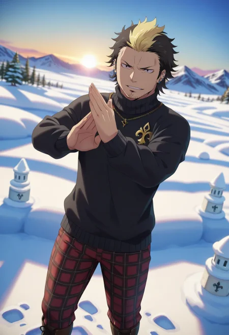 masterpiece, best quality, , (3d:0.4), , depth of field, 1boy, solo, male focus, <lora:ryuuji_suguro_ilxl:0.94>, ryuuji_suguro, black hair, black eyes, short hair, streaked hair, multicolored hair, two-tone hair, blonde hair, facial hair, stubble, , mountain palace, stone towers, snow courts, ice gardens, royal pose, commanding expression, sunrise, Plaid trousers, Fleur-de-lis Lace MidnightBlack Turtleneck sweater, Monk strap boots, , Scarecrow Mask