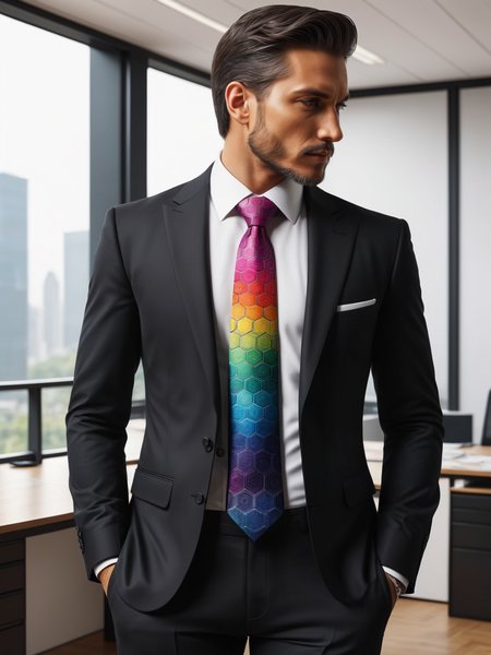 man wearing a colorful madhxg necktie and white shirt and black suit in office  <lora:Colorful_Hexadons_SDXL:0.8>, (masterpiece:1.2), best quality, (hyperdetailed, highest detailed:1.2), high resolution textures