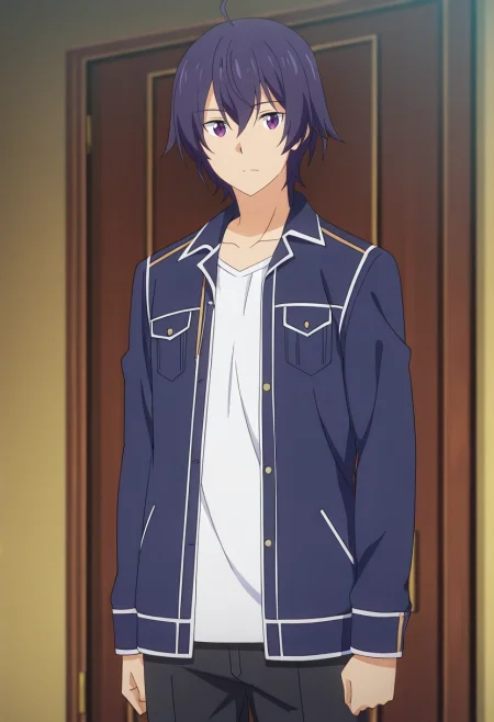 masterpiece, best quality, anime screencap, official style, anime coloring, cowboy shot, 1boy, solo, male focus, <lora:shin_wolford_ilxl:0.96>, shin_wolford, purple hair, purple eyes, short hair, ahoge, hair between eyes, ,