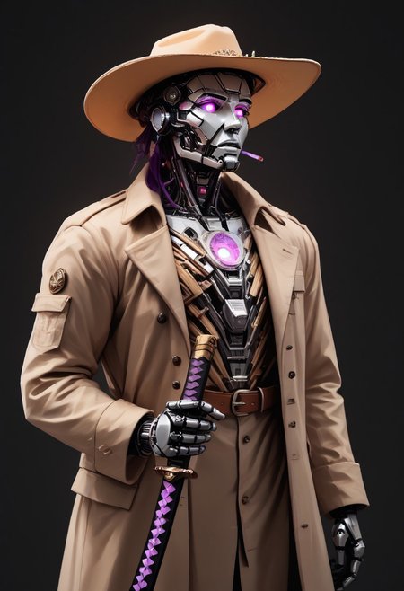 Highly detailed dark cinematic scene.
score_9, score_8_up, score_7_up, score_6_up, score_5_up, score_4_up,  realistic, concept art , 1man, solo, post apocalypse outfit, purple cape blowing in the wind, cowboy hat, robot arm, trench coat, mechanical mask, purple glowing chest, glowing eyes, holding katana, 
The atmosphere is dark yet magical, blending eerie stillness with melancholy. Bright colors and cozy highlights contrast the shadowy backdrop lined with amethysts. asdfm3cha
WORLD MORPH MATCHES, FIRE, monochrome, glow, neon, asdfm3cha