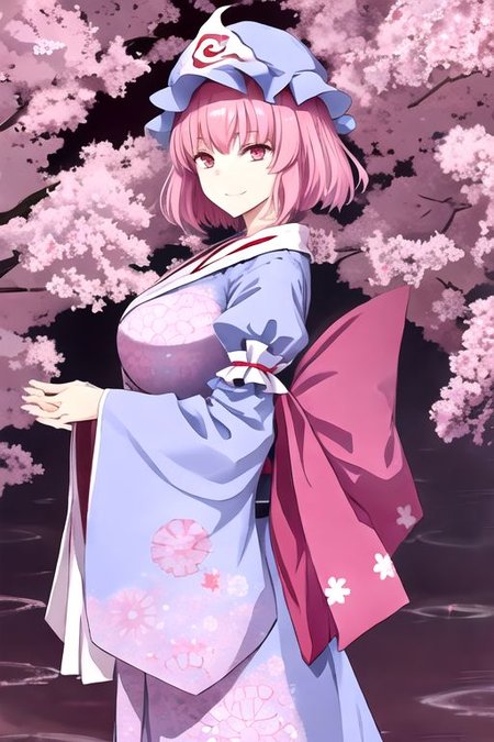 Yuyuko, pink hair, saigyouji yuyuko, breasts, short hair, triangular headpiece, hat, solo, mob cap, looking at viewer, japanese clothes, large breasts, pink eyes, kimono, smile, blue headwear, blue kimono, long sleeves, bangs, frills, wide sleeves, hair between eyes