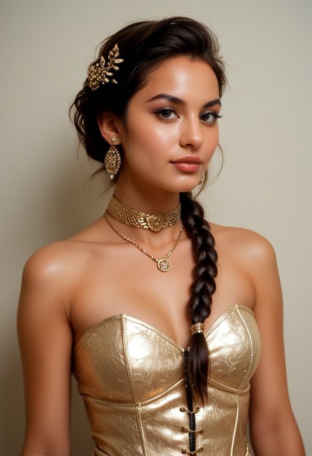 score_9, score_8_up, score_7_up, score_6_up, realistic lighting, photo, photorealistic, amazing depth,
1girl, 30 years old , a woman in a traditional Indian transparent saree with a modern twist. The saree is draped in soft, shimmering fabric, paired with a structured gold corset-style blouse, adding a contemporary flair. She is adorned with gold jewelry, including a choker necklace, large traditional earrings, and several bangles. Her long  black braid, decorated with gold embellishments, adds a regal touch to the look.
Her makeup is minimal, with defined eyes and neutral-toned lips. Delicate beads around her eyebrows add an artistic detail, while a nose ring ties in traditional elements. A tattoo on her collarbone adds a personal, modern aesthetic.
The background is neutral, drawing attention to the subject. Soft, diffused lighting enhances the textures of her ((saree)) and accessories. Her calm expression and graceful posture, with hands crossed, exude elegance. This image blends tradition and modernity, highlighting Indian cultural aesthetics with a fashion-forward edge
Expressiveh,bad-picture-chill-75v,CyberRealistic_Negative,perfecteyes