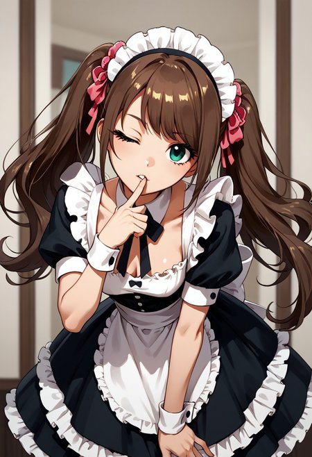 score_9, score_8_up, score_7_up, source_anime, best quality, absurdres, very aesthetic, shiny skin, posing, rating safe,
<lora:mizusaki.pony:1>,
mizusaki, maid outfit, medium breasts, skinny, leaning forward, looking at viewer, one eye closed, pursed lips, finger to mouth