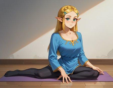 score_9, score_8_up, score_7_up, score_6_up, score_5_up, score_4_up, BREAK source_anime, 1girl, solo, princess zelda, <lora:maplezelda.pony:1> maplezelda, blue tunic, black legwear, 
<lora:YogaPigeonPony.1.0:1> yogpig, relesi, front view, doing yoga pigeon,