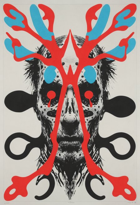 Anaglyph 3D, retro risograph printed rorschach test, Jonathan Meese, b&w<lora:add-detail-xl:1>