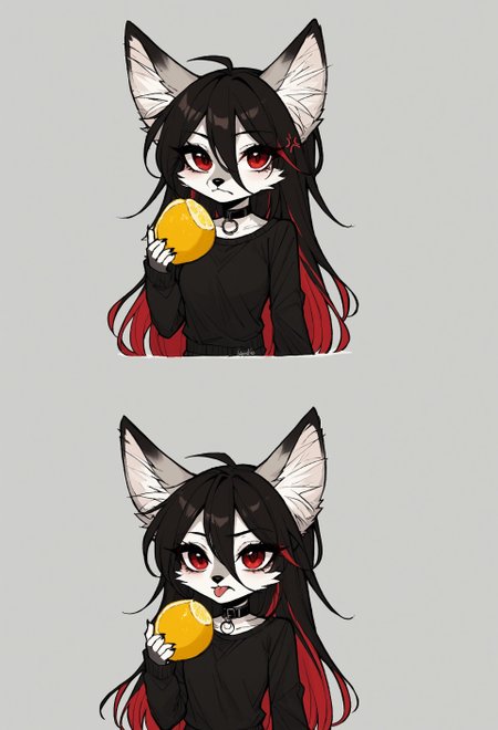 safe_pos, masterpiece, score_9_up, score_8_up, score_7_up, score_6_up, source_furry, (best quality:1.1), ultra-detailed, high resolution, highly detailed macro illustration, duo BREAK Rixa, anthro fox, female, gray and white fur, animal ears, black ear tips, fluff in ears, thin black eyebrows, black animal nose, long black hair, red tipped hair, striped tail, (beautiful red eyes:1.3), (long eyelashes:1.1), slim, narrow waist, breasts, black top, frown, (annoyed expression, cute face:1.2), tongue out, black sweatshirt, (holding lemon:1.2), lemon slice BREAK thourlemon, chibi, 2koma BREAK sharp focus, perfect lighting, anatomically correct, extremely detailed, high detail, OverallDetail, zPDXL3