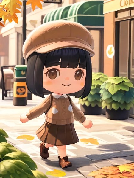 <lora:dongsen_xl:1>,chibi, solo, 1girl, black hair, hat, walking, skirt, brown eyes, bag, looking at viewer, smile, outdoors, leaf, cabbie hat, brown skirt, cup, blunt bangs, long sleeves, pleated skirt, bangs, full body, blush stickers, short hair, brown footwear
