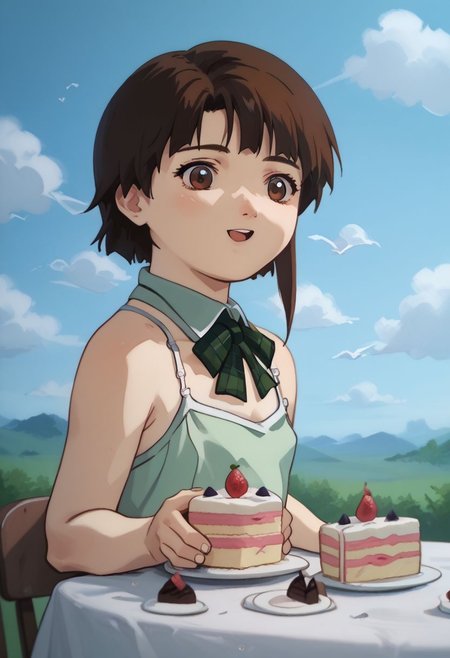 score_9, score_8_up, score_7_up, score_6, source_anime, lain, brown hair, ((light green camisole, green bowtie)), table, tartan tablecloth, ((bulimic, hungry, excited)), (((giant wedding cake))), cute, chubby, (chibi), close view, clouds sky background, outdoors, airborne