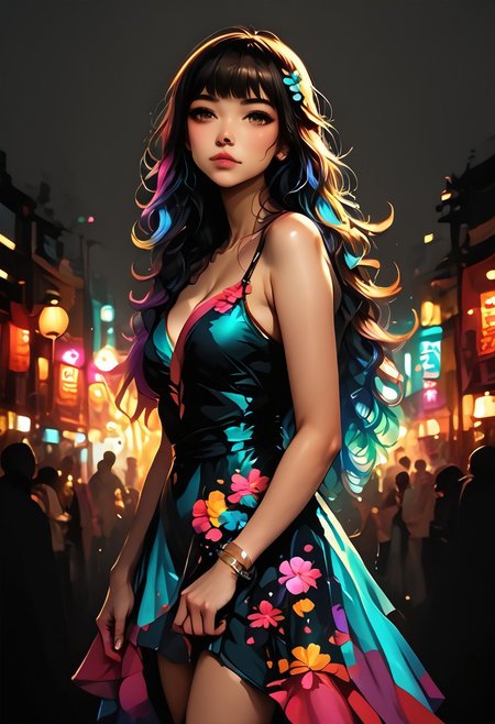 score_9, score_8_up, score_7_up, realistic skin texture, HD32k, detailed pen and ink colourised anime sketch, stunning japanese woman, long hair, bangs, cocktail dress, FFDAC, colorful