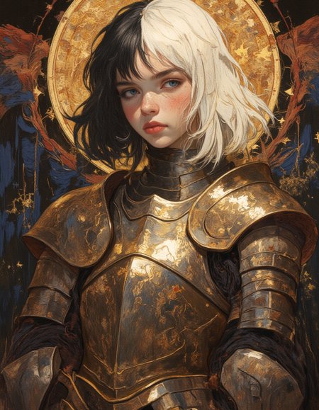((Fantasy knight portrait)) ((Renaissance-inspired lighting)) 
Female Knight,  Petite body, freackles , ornate golden armor with  engravings, standing in a dramatic light with a warm halo behind the head. shoulder pads bracers elbow pads
(Long messy bob haircut, the hair is white on one half and black on the other) Puffy dark red lips
OBxiaoxiang, drkfnts style, DB4RZ, DB4RZ style painting