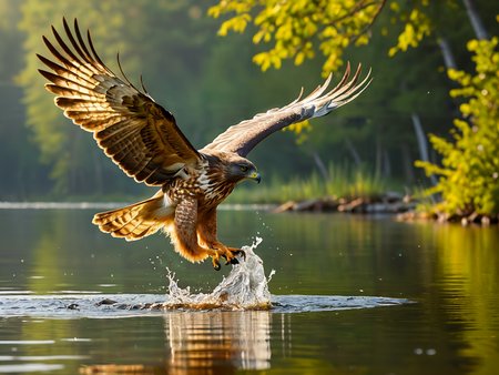 award winning photo, 

The magnificent flight of a hawk swooping low over a lake, catching a fish out of the water,

airbrush painting,