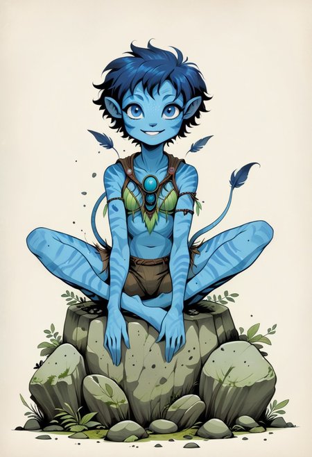(masterpiece, best quality, detailed:1.25),
full-body by (Alessandro Gottardo:0.75) and (Wendy Froud:0.25),
front logo of a (joyful young female Avatar navi alien with blue skin:1.36) sitting on mossy stone,
sharper, clean lines, outline, muted colors, minimum details