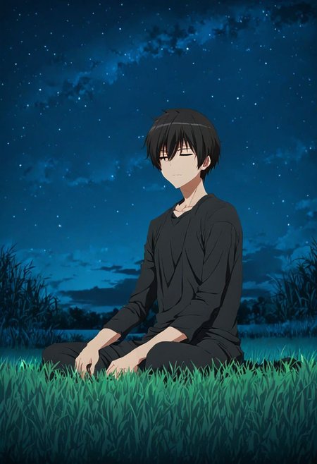 high resolution, solo, best quality, 1Boy, Kanie Seiya, Black Hair, grass, middle night, sky night, beautifull night, OverallDetail