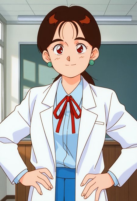 masterpiece, best quality, source_anime,official art,perfect_anatomy,1990s_\(style\),retro_artstyle,1girl,solo,Ruruko Himeki,earrings,neck_ribbon,shirt,Insurance_doctor,white_coat,looking_at_viewer,smile,upper_body,hands_on_hip,day,school,indoors