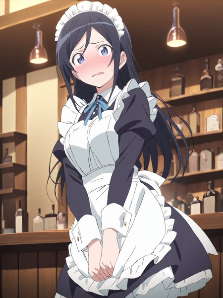 masterpiece, high score, great score, absurdres, anime screenshot, anime coloring,  <lora:Char-Aragaki_Ayase-V1-SDXL:1:hr=0.7>, 1girl, aragaki ayase, solo, maid, maid headdress, maid apron, embarrassed, white pantyhose, open mouth, blush, parted lips, looking at viewer, cowboy shot, bar \(place\), indoors, depth of field