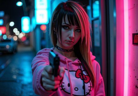 cinematic nighttime scene of an intense emo_jbx young woman with standing in a neon-lit urban alleyway; she has long, layered emo hair with sleek, long angled bangs parted at the side covering one eye, styled in light brown with soft blonde highlights, falling down to her chest in edgy layers; sheâs wearing a pink Hello Kitty hoodie with the hood down, adding a playful contrast to her dark vibe, along with dramatic black winged eyeliner and striking white lipstick, giving her an intense, edgy look; she wears a black choker around her neck, her expression serious as she holds a handgun pointed slightly forward, exuding confidence and mystery; the background is a dimly lit urban alley with neon signs casting a mix of cool blues and warm pink lights, reflecting off the wet pavement, with soft bokeh lights in the distance, creating a moody, atmospheric setting; no recognizable logos or branding, just a gritty, cinematic backdrop with neon accents, vantablack, Emo_JBX<lora:DarkCore-000003.safetensors:1.0:1.0> <lora:- Flux1 - vanta_black_V2.0.safetensors:0.4:0.4> <lora:Emo_JBX_flux.safetensors:1.1:1.1>