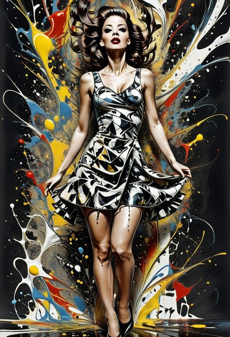 Masterpiece, best quality, 1girl, ArsMJStyle, Monochrome Graphic Etching, female pop singer, retro outfit, ellenGNRC, qu4ntum, made out of,Jackson Pollock style,paint splash